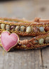 Boho Bracelet, 3 Layers Leather Wrap Bracelet, Jasper Rhodonite Heart